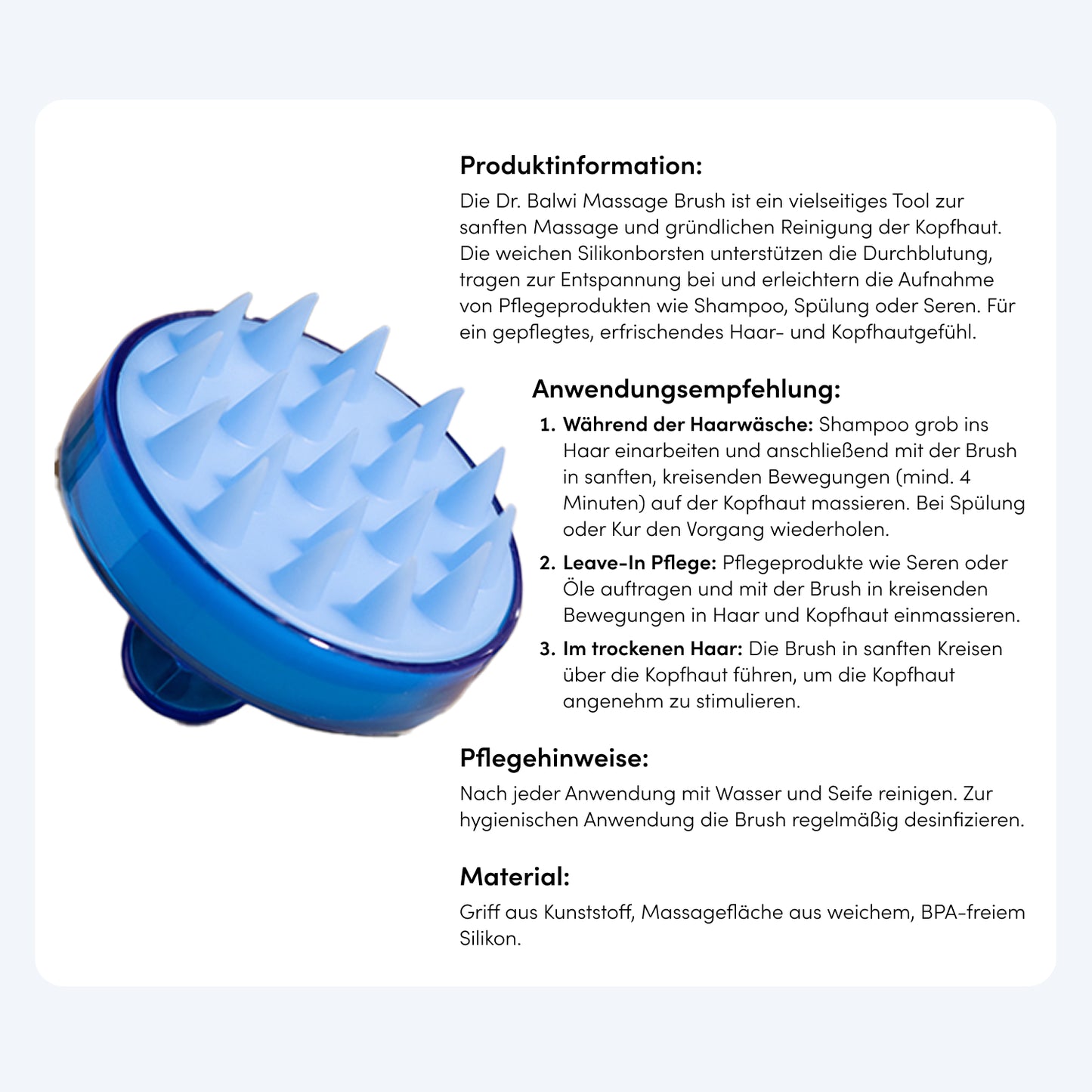 Links ist die Dr. Balwi Massagebürste aus dem Dr. Balwi Shop mit weichen blauen Silikonborsten abgebildet. Rechts ein deutscher Text mit Produktinformationen, Anwendung für Kopfmassage und Haarwachstum, Pflegetipps und Materialangaben.