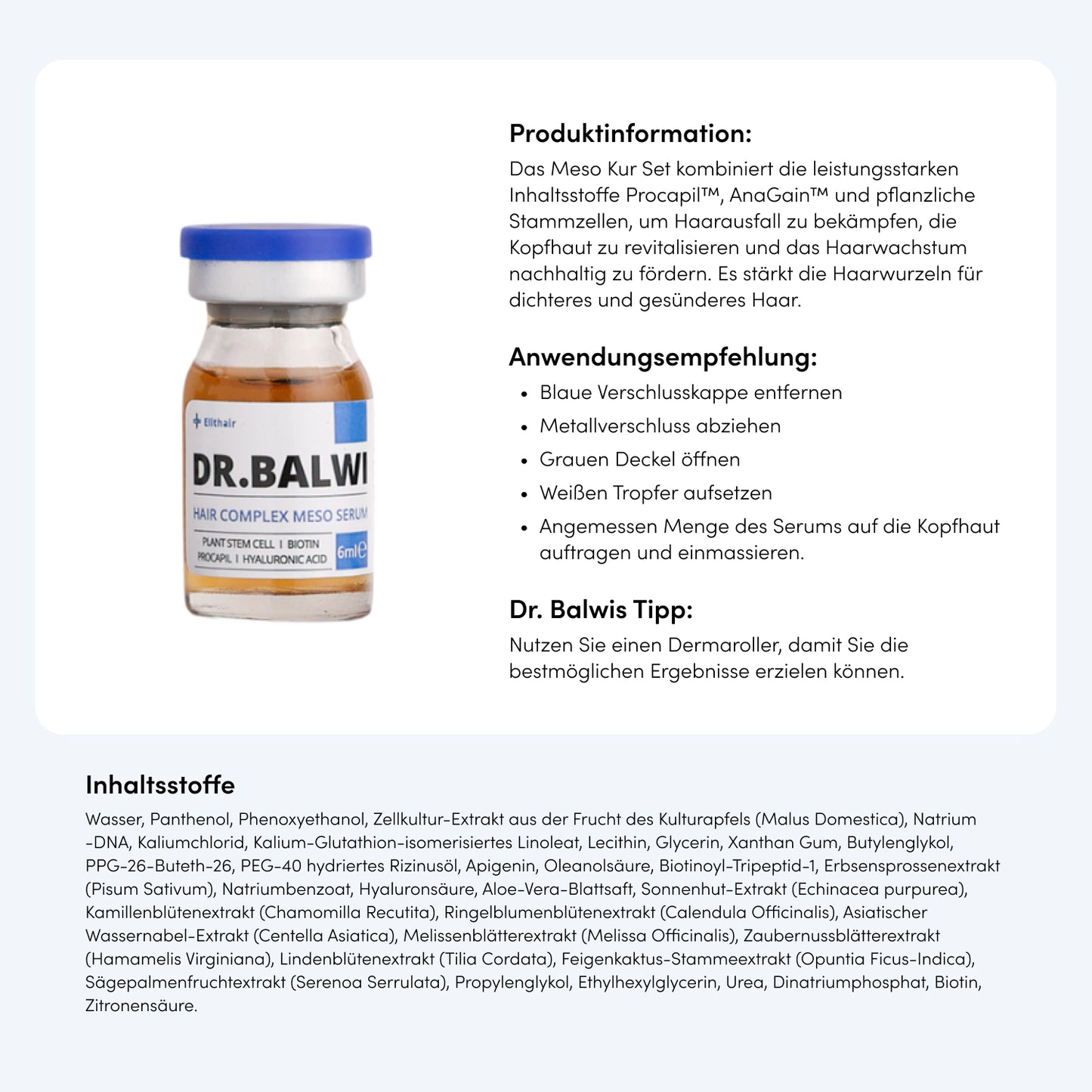 Ein Produktinformationsblatt für Dr. Balwi Meso Therapie aus dem Dr. Balwi Shop zeigt links ein Flaschenbild und rechts einen deutschen Text über das Haarserum, Anwendungstipps, Inhaltsstoffe und die Förderung des Haarwachstums.