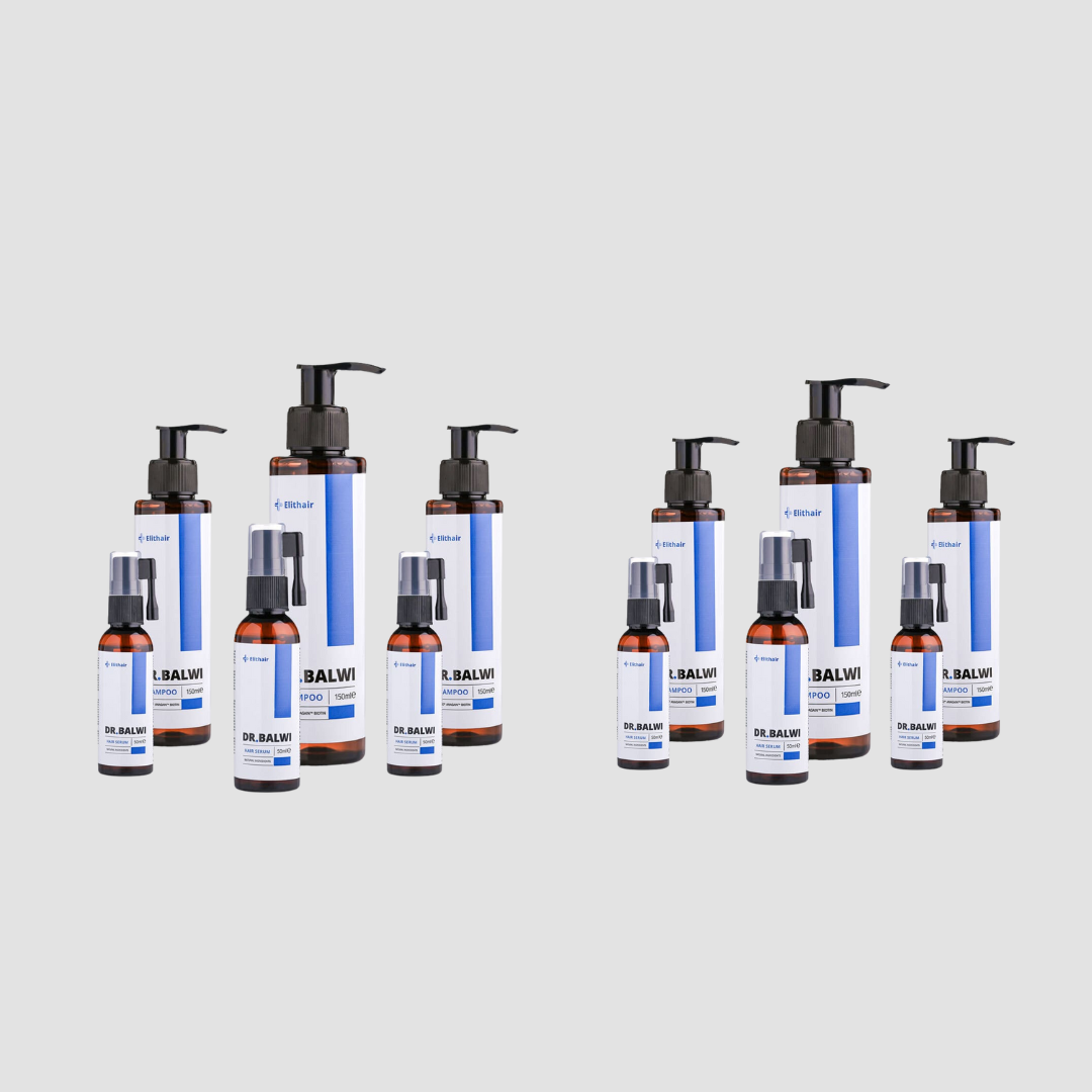 Das Dr. Balwi Shop Shampoo & Spray Set besteht aus braunen Flaschen und Sprühdosen mit weißen und blauen Etiketten, die mit schwarzen Pumpen oder Sprühaufsätzen versehen sind und in zwei Gruppen auf hellgrauem Hintergrund angeordnet sind.