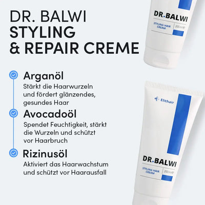 Ein Werbebild für die Dr. Balwi Styling & Repair Creme aus dem Dr. Balwi Shop, die mit Arganöl und Avocadoöl für geschmeidiges Haar, Feuchtigkeit, gesunden Glanz, Haarwachstum und Schutz vor Haarausfall und Haarbruch sorgt.