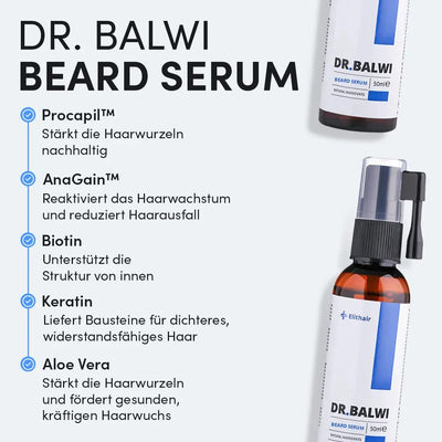 Eine Infografik für das Dr. Balwi Beard Serum aus dem Dr. Balwi Shop zeigt eine Flasche und listet Procapil, AnaGain, Biotin, Keratin und Aloe Vera auf und hebt deren Vorteile für den Bartwuchs und die effektive Bartpflege hervor.