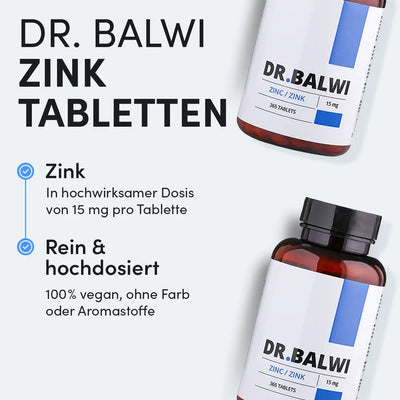 Zwei Flaschen Dr. Balwi Shop Zink Tabletten sind vor einem hellen Hintergrund abgebildet. Der Text hebt ihre 15 mg Zink pro Tablette, vegane Formel, keine Farb- oder Geschmackszusätze, Unterstützung des Immunsystems und Vorteile für das Haarwachstum hervor.