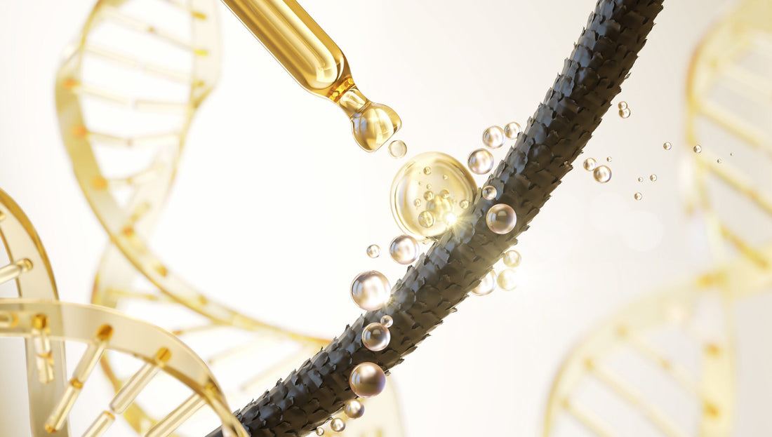 An illustration of a strand of hair being fortified by a hair serum.