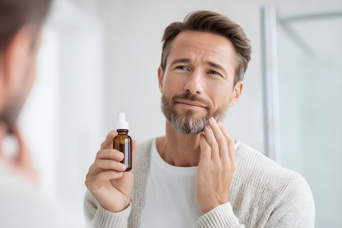 A man inspects his beard in the mirror while holding a bottle of beard serum.