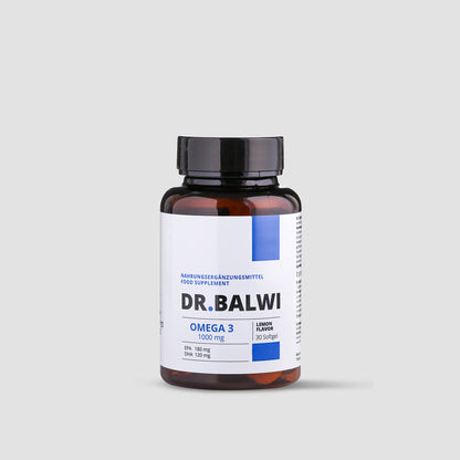 Eine braune Flasche mit einer schwarzen Kappe mit der Aufschrift Dr. Balwi Shop Daily Omega 3 steht auf einem hellgrauen Hintergrund. Das Etikett hebt die Unterstützung von Haarwachstum und Haarausfall hervor, listet 30 Softgels auf und weist blaue und weiße Designelemente auf.