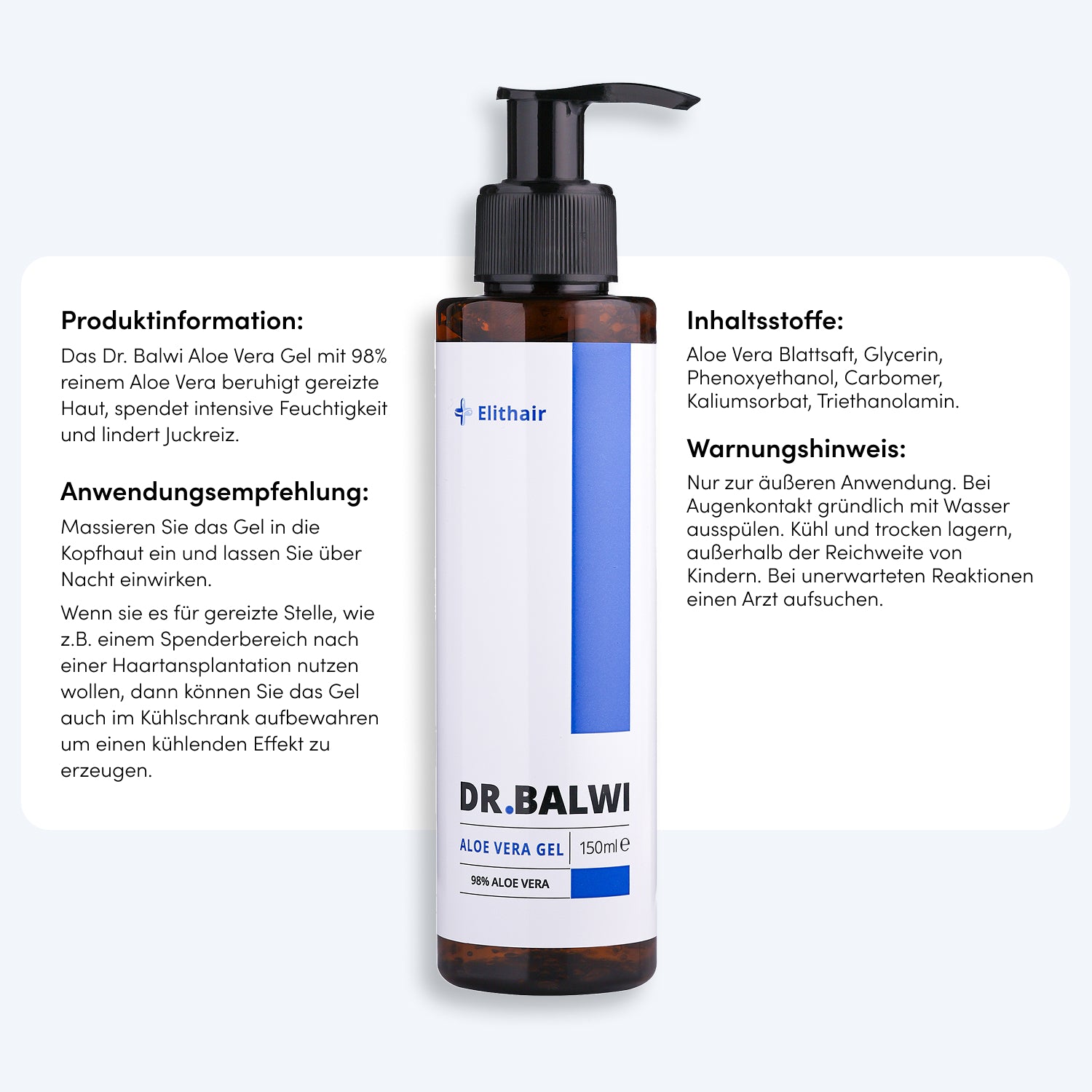 Eine Flasche Dr. Balwi 98% Aloe Vera (150 ml) aus dem Dr. Balwi Shop mit einer Pumpe, mit einem weißen und blauen Etikett. Der deutsche Text hebt die Feuchtigkeitspflege für das Haar, die Anwendung bei trockener Kopfhaut, die Inhaltsstoffe und die Warnhinweise hervor.
