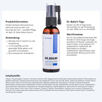 Eine Flasche Dr. Balwi Bartserum von Dr. Balwi Shop mit Sprühkopf ist abgebildet, mit Produktinformationen, Anwendungshinweisen, einem Bartpflege-Tipp, einem Warnhinweis und einer Zutatenliste in deutscher Sprache.