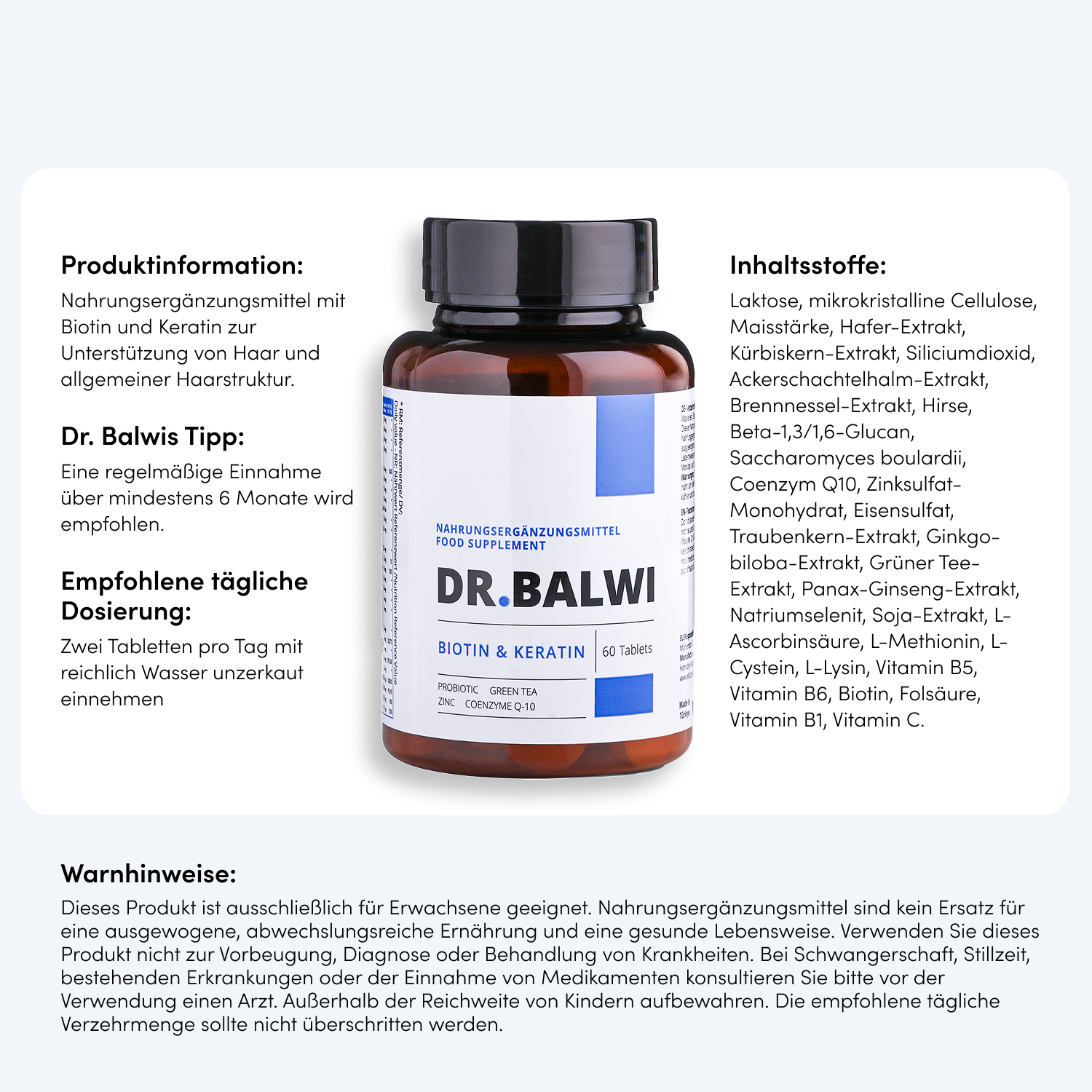 Eine braune Ergänzungsflasche mit der Aufschrift Biotin & Keratin Tabletten von Dr. Balwi Shop ist auf weißem Hintergrund abgebildet, mit ausführlichem deutschen Text über Produktinformationen, Inhaltsstoffe, tägliche Dosierung und Haarwachstumswarnungen.