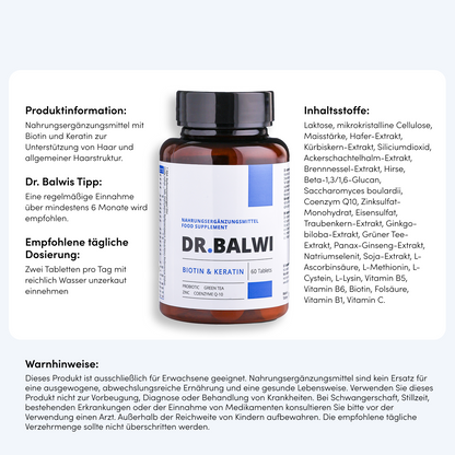 Eine braune Ergänzungsflasche mit der Aufschrift Biotin & Keratin Tabletten von Dr. Balwi Shop ist auf weißem Hintergrund abgebildet, mit ausführlichem deutschen Text über Produktinformationen, Inhaltsstoffe, tägliche Dosierung und Haarwachstumswarnungen.