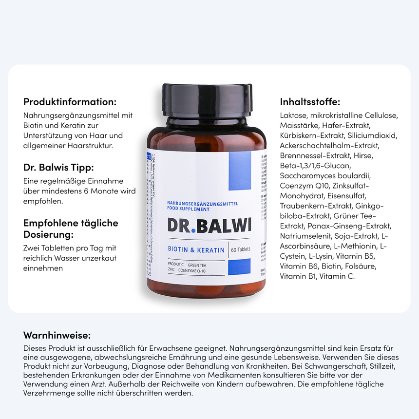 Eine braune Ergänzungsflasche mit der Aufschrift Biotin & Keratin Tabletten von Dr. Balwi Shop ist auf weißem Hintergrund abgebildet, mit ausführlichem deutschen Text über Produktinformationen, Inhaltsstoffe, tägliche Dosierung und Haarwachstumswarnungen.