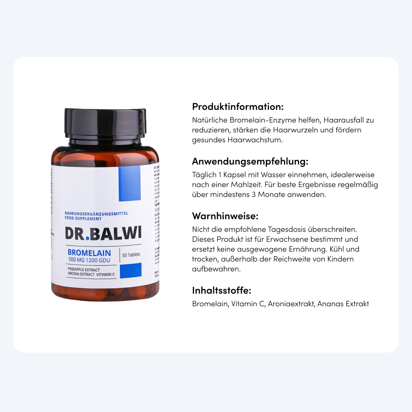 Eine braune Flasche Dr. Balwi Shop Bromelain steht neben deutschen Produktinformationen, Anwendungshinweisen, Warnhinweisen und Ananas Extrakt Zutaten auf weißem Hintergrund.