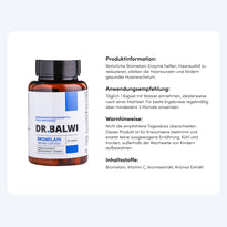 Eine braune Flasche Dr. Balwi Shop Bromelain steht neben deutschen Produktinformationen, Anwendungshinweisen, Warnhinweisen und Ananas Extrakt Zutaten auf weißem Hintergrund.