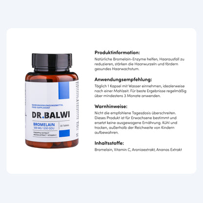 Eine braune Flasche Dr. Balwi Shop Bromelain steht neben deutschen Produktinformationen, Anwendungshinweisen, Warnhinweisen und Ananas Extrakt Zutaten auf weißem Hintergrund.