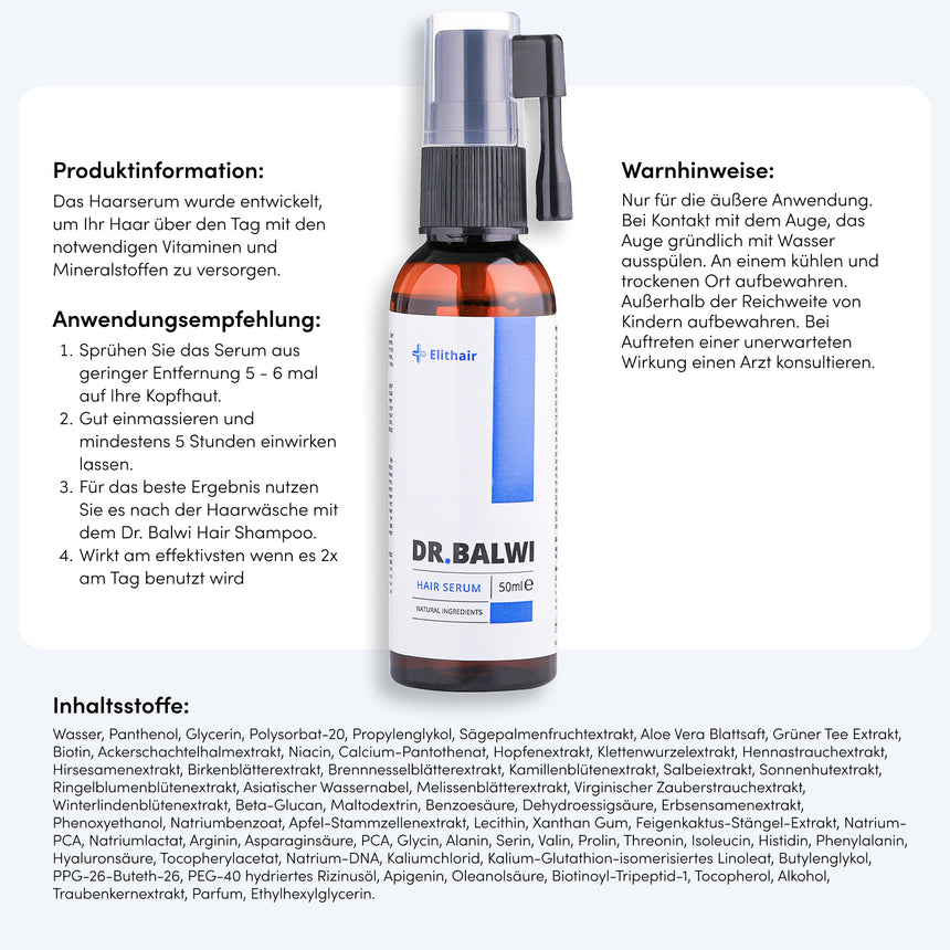 Eine Dr. Balwi Haarserum-Flasche mit einer Pumpe ist neben den Produktinformationen - Anwendungshinweise, Warnhinweise und eine Liste der pflanzlichen Stammzellen-Inhaltsstoffe in deutscher Sprache - auf weißem Hintergrund abgebildet. Marke: Dr. Balwi Shop.