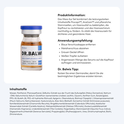 Ein Produktinformationsblatt für Dr. Balwi Meso Therapie aus dem Dr. Balwi Shop zeigt links ein Flaschenbild und rechts einen deutschen Text über das Haarserum, Anwendungstipps, Inhaltsstoffe und die Förderung des Haarwachstums.
