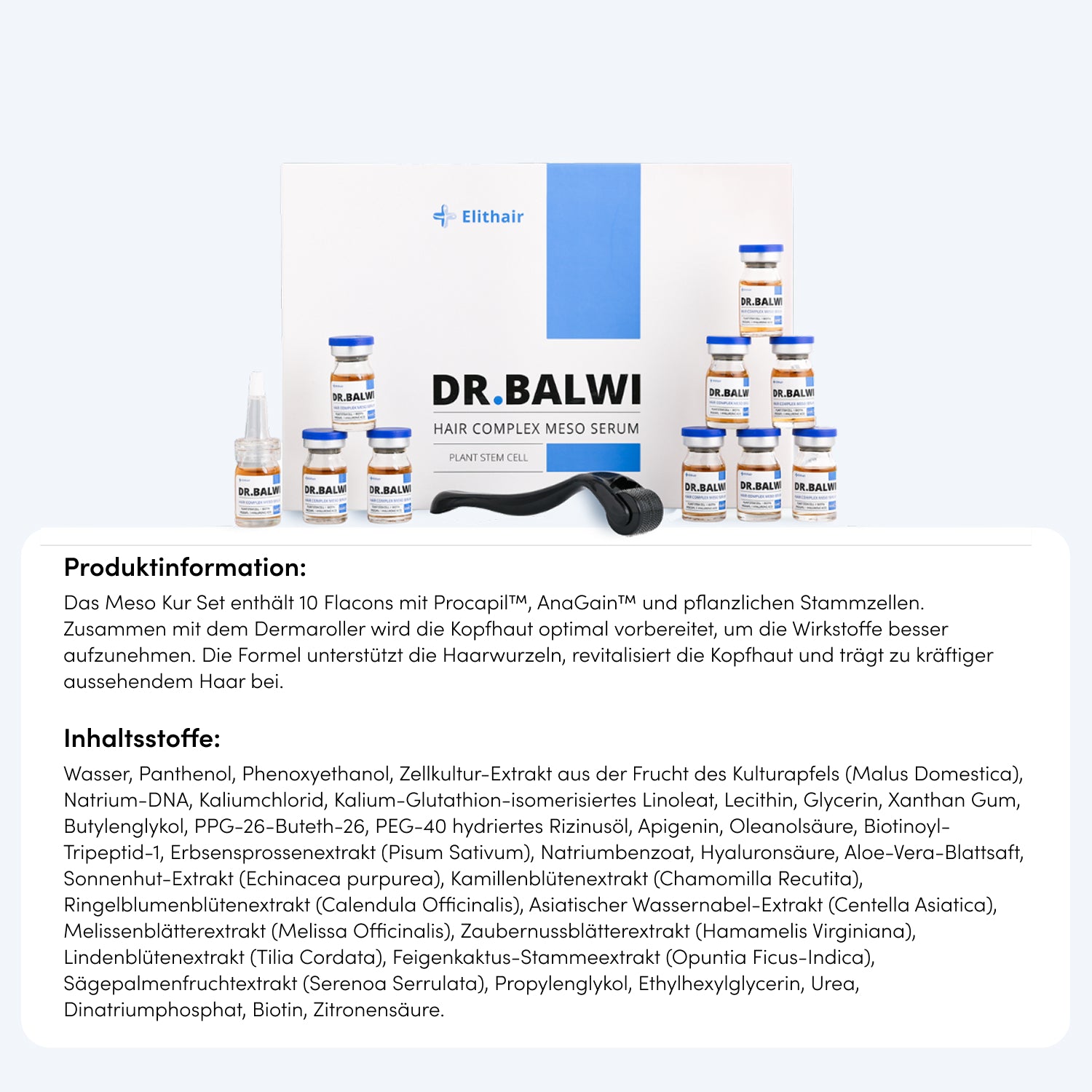 Abgebildet ist das Dr. Balwi Shop Dr. Balwi Meso Therapie Set, bestehend aus 10 Serumfläschchen, einem Microneedling Dermaroller und Anleitungskarten. Darunter befinden sich Textboxen mit Produktdetails und einer deutschen Zutatenliste.