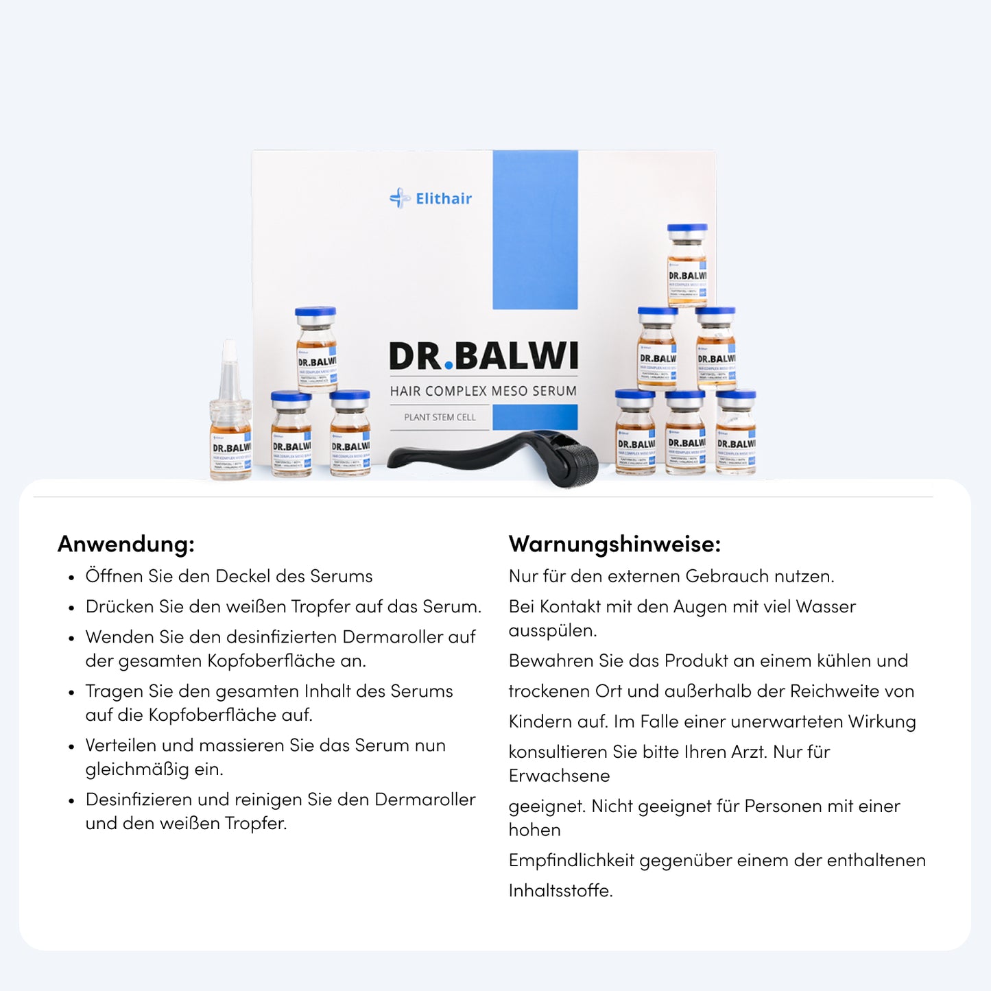 Ein Display des Dr. Balwi Meso Therapie Sets von Dr. Balwi Shop mit Serumfläschchen, Tropfer und Dermaroller für Microneedling zur Unterstützung des Haarwachstums. Anweisungen und Warnhinweise erscheinen in deutscher Sprache auf weißem Hintergrund.