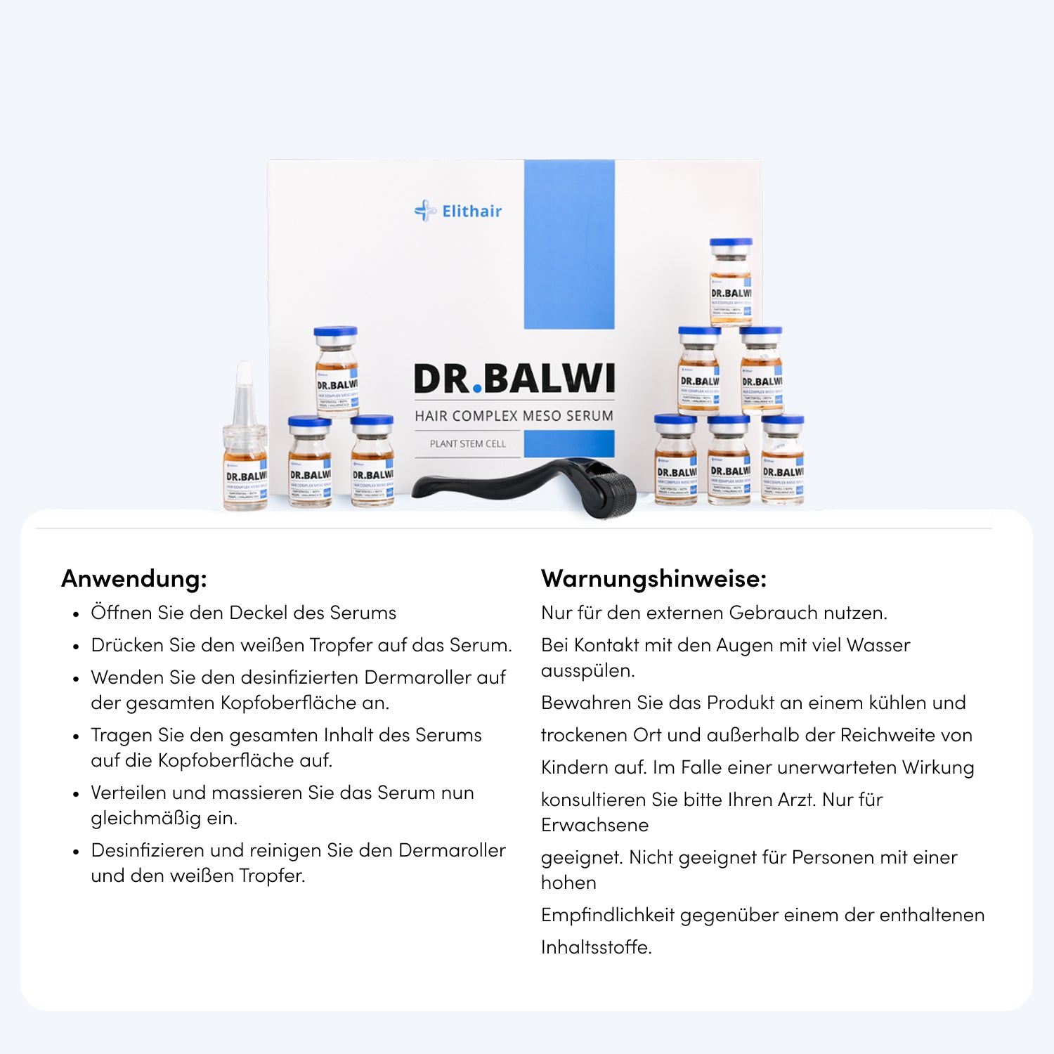 Ein Display des Dr. Balwi Meso Therapie Sets von Dr. Balwi Shop mit Serumfläschchen, Tropfer und Dermaroller für Microneedling zur Unterstützung des Haarwachstums. Anweisungen und Warnhinweise erscheinen in deutscher Sprache auf weißem Hintergrund.