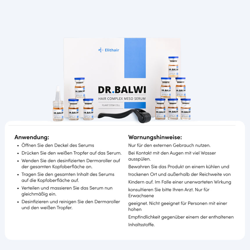 Ein Display des Dr. Balwi Meso Therapie Sets von Dr. Balwi Shop mit Serumfläschchen, Tropfer und Dermaroller für Microneedling zur Unterstützung des Haarwachstums. Anweisungen und Warnhinweise erscheinen in deutscher Sprache auf weißem Hintergrund.