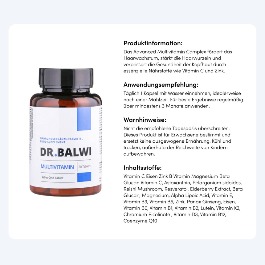 Links steht ein braunes Glas mit weiß-blauem Etikett von Dr. Balwi Shop Multivitamin Complex. Rechts daneben sind auf Deutsch Produktinfos, Anwendung, Warnhinweise und Zutaten wie Reishi-Pilzextrakt und Vitamin C für Haare zu sehen.