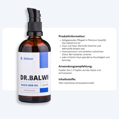 Eine braune Pumpflasche mit der Aufschrift Premium Schwarzkümmelöl by Dr. Balwi Shop, 100ml, trägt auf der Seite einen deutschen Text über Haarpflege, Haarausfall-Informationen, Anwendung und Inhaltsstoffe.