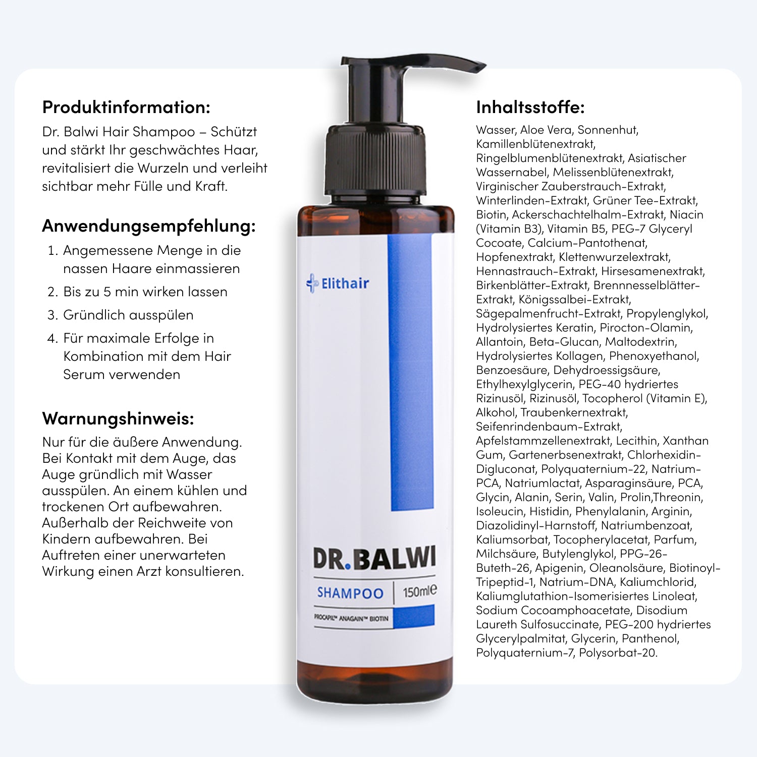 In der Mitte steht eine Flasche Dr. Balwi Shampoo von Dr. Balwi Shop, flankiert von deutschen Texten zu Haarwachstum, Produktinfo, Haarausfallpflege, Anwendungshinweisen, Warnhinweisen und einer Liste der Inhaltsstoffe.