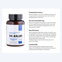 Links steht eine Flasche Dr. Balwi Shop Vitamin D 1000 IE, ideal bei Haarausfall oder Vitamin-D-Mangel. Auf der rechten Seite befinden sich in einem runden weißen Kasten die Gebrauchsanweisung, ein Warnhinweis und die Inhaltsstoffe in deutscher Sprache.