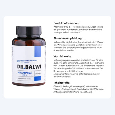 Eine Flasche Vitamin D 1000 IE aus dem Dr. Balwi Shop wird neben einem Textfeld mit Produktdetails, Anwendungshinweisen und Warnhinweisen in deutscher Sprache gezeigt - ideal zur Unterstützung des Immunsystems und Vorbeugung von Haarausfall.