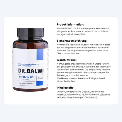 Eine Flasche Vitamin D 1000 IE aus dem Dr. Balwi Shop wird neben einem Textfeld mit Produktdetails, Anwendungshinweisen und Warnhinweisen in deutscher Sprache gezeigt - ideal zur Unterstützung des Immunsystems und Vorbeugung von Haarausfall.