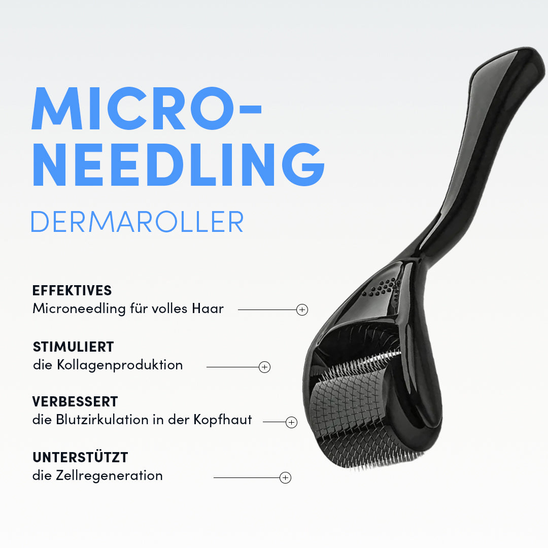 Der Dermaroller „Anti Haarausfall System“ von Dr. Balwi Shop wird auf weißem Hintergrund mit blauem und schwarzem deutschem Text angezeigt, der seine Vorteile für Haar, Kollagen, Durchblutung und Zellregeneration hervorhebt.
