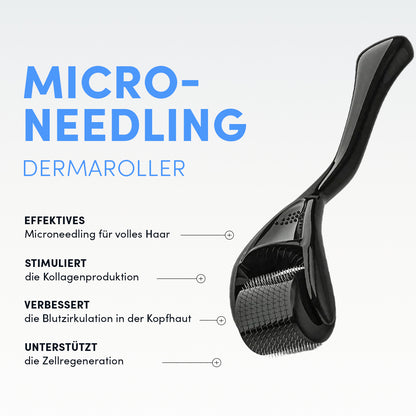 Der Dermaroller „Anti Haarausfall System“ von Dr. Balwi Shop wird auf weißem Hintergrund mit blauem und schwarzem deutschem Text angezeigt, der seine Vorteile für Haar, Kollagen, Durchblutung und Zellregeneration hervorhebt.