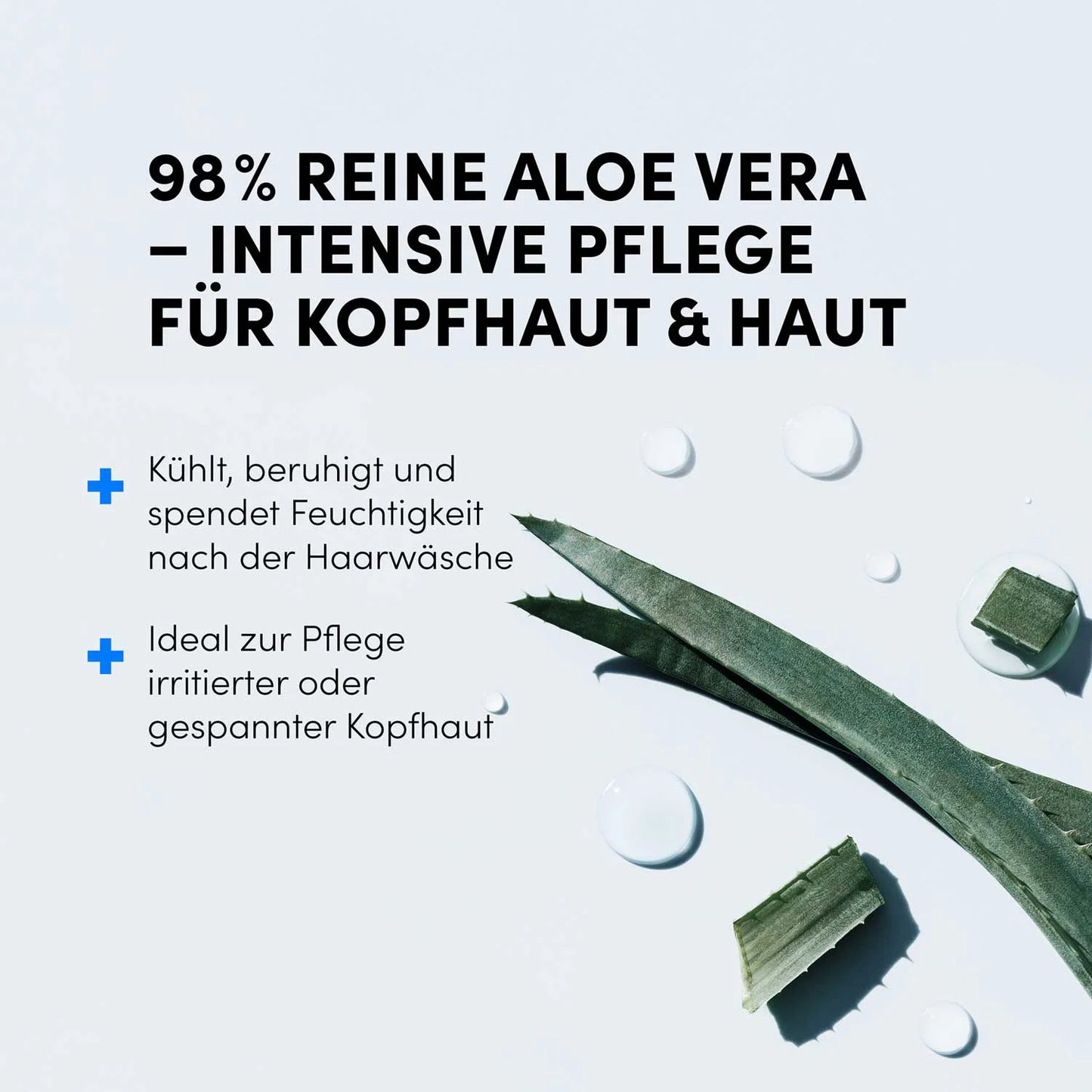 Werbebild für Dr. Balwi 98% Aloe Vera von Dr. Balwi Shop. Deutscher Text hebt 98% reine Aloe Vera-intensive Kopfhaut- und Hautpflege hervor. Aloe-Vera-Blätter, -Gel und -Tropfen sind auf einem hellen Hintergrund abgebildet.
