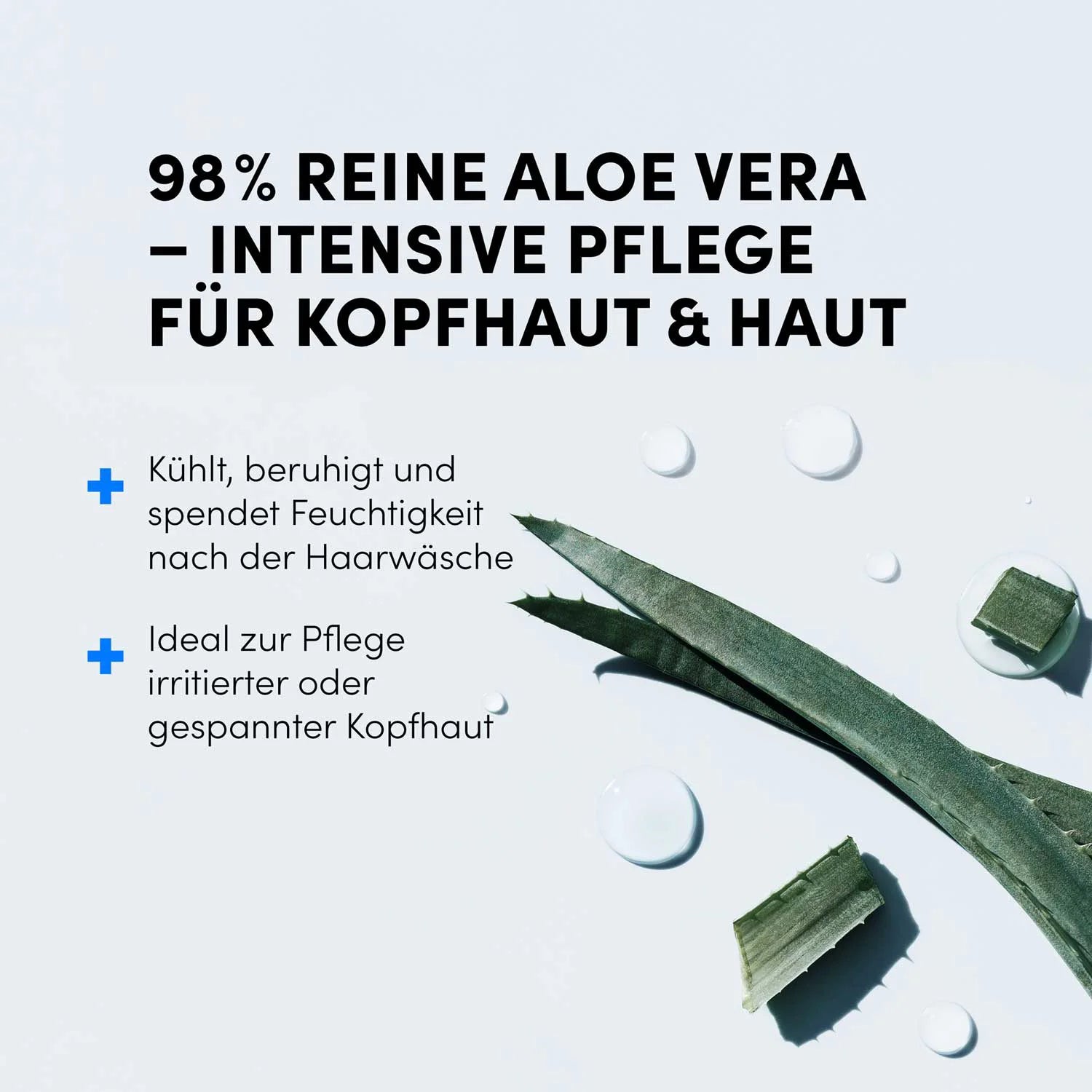 Werbebild für Dr. Balwi 98% Aloe Vera von Dr. Balwi Shop. Deutscher Text hebt 98% reine Aloe Vera-intensive Kopfhaut- und Hautpflege hervor. Aloe-Vera-Blätter, -Gel und -Tropfen sind auf einem hellen Hintergrund abgebildet.