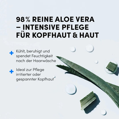 Werbebild für Dr. Balwi 98% Aloe Vera von Dr. Balwi Shop. Deutscher Text hebt 98% reine Aloe Vera-intensive Kopfhaut- und Hautpflege hervor. Aloe-Vera-Blätter, -Gel und -Tropfen sind auf einem hellen Hintergrund abgebildet.