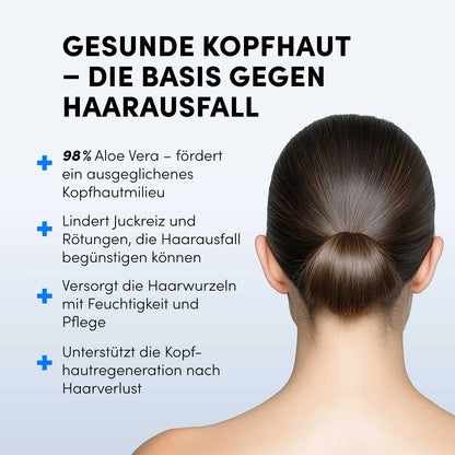 Eine Frau mit zusammengebundenem Haar ist von hinten zu sehen. Daneben Infos zur gesunden Kopfhaut und Tipps gegen Haarausfall, inklusive Dr. Balwi 98% Aloe Vera vom Dr. Balwi Shop für effektive Pflege und Regeneration.