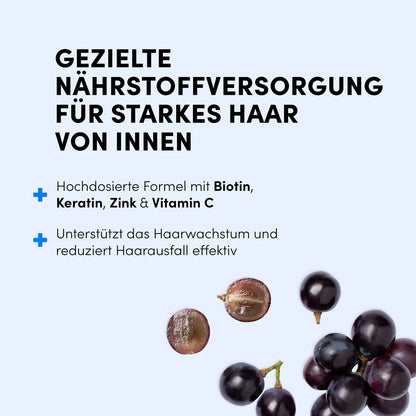 Dunkle Weintrauben liegen auf einem hellblauen Hintergrund. Oben hebt der deutsche Text Dr. Balwi Shop Biotin & Keratin Tabletten mit Zink und Vitamin C für kräftiges Haar, zur Unterstützung des Haarwachstums und zur Verringerung des Haarausfalls (Haarwachstum) hervor.
