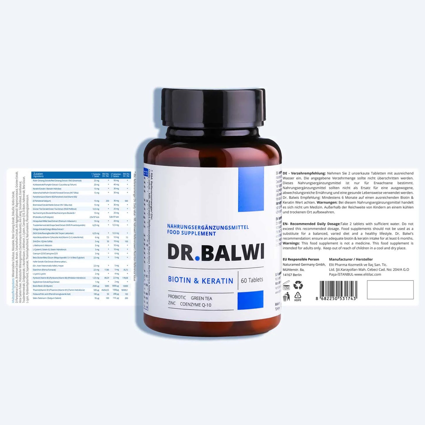 Ein braunes Fläschchen mit der Aufschrift Anti Hair Loss Routine by Dr. Balwi Shop und einem blau-weißen Design enthält 60 Tabletten und wird vor dem ausführlichen Beipackzettel präsentiert.