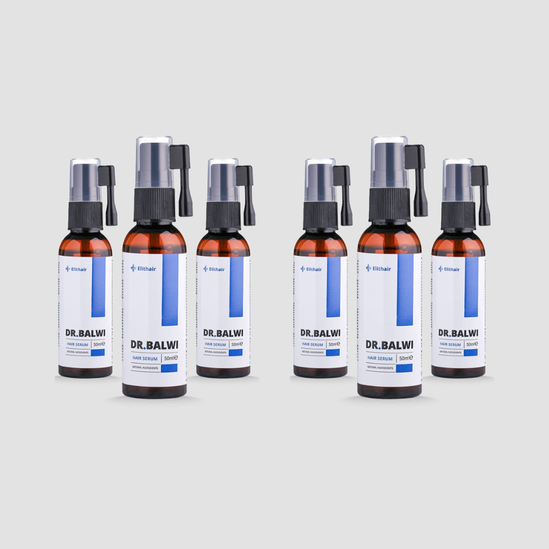Sechs braune Flaschen Dr. Balwi Hair Serum aus dem Dr. Balwi Shop, jeweils mit schwarzem Sprühkopf und weißem Etikett, sind in zwei Dreiergruppen vor einem hellgrauen Hintergrund gruppiert - perfekt, um das Haarwachstum zu unterstützen und Haarausfall zu reduzieren.