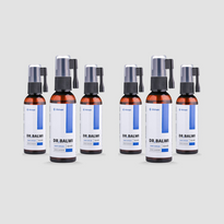 Sechs braune Flaschen Dr. Balwi Hair Serum aus dem Dr. Balwi Shop, jeweils mit schwarzem Sprühkopf und weißem Etikett, sind in zwei Dreiergruppen vor einem hellgrauen Hintergrund gruppiert - perfekt, um das Haarwachstum zu unterstützen und Haarausfall zu reduzieren.