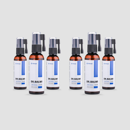 Sechs braune Flaschen Dr. Balwi Hair Serum aus dem Dr. Balwi Shop, jeweils mit schwarzem Sprühkopf und weißem Etikett, sind in zwei Dreiergruppen vor einem hellgrauen Hintergrund gruppiert - perfekt, um das Haarwachstum zu unterstützen und Haarausfall zu reduzieren.