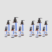 Das Dr. Balwi Shop Shampoo & Spray Set besteht aus braunen Flaschen und Sprühdosen mit weißen und blauen Etiketten, die mit schwarzen Pumpen oder Sprühaufsätzen versehen sind und in zwei Gruppen auf hellgrauem Hintergrund angeordnet sind.