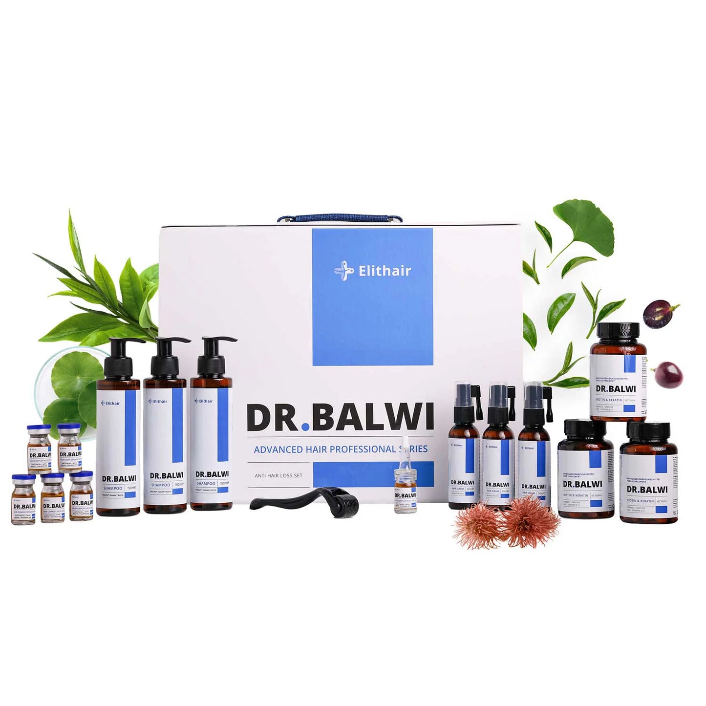 Das Dr. Balwi Hair Boost Set von Dr. Balwi Shop zielt auf Haarwachstum und Haarausfall und enthält Flaschen, Tiegel, Ampullen, einen Roller und natürliche Inhaltsstoffe, die mit grünen Blättern dargestellt sind.
