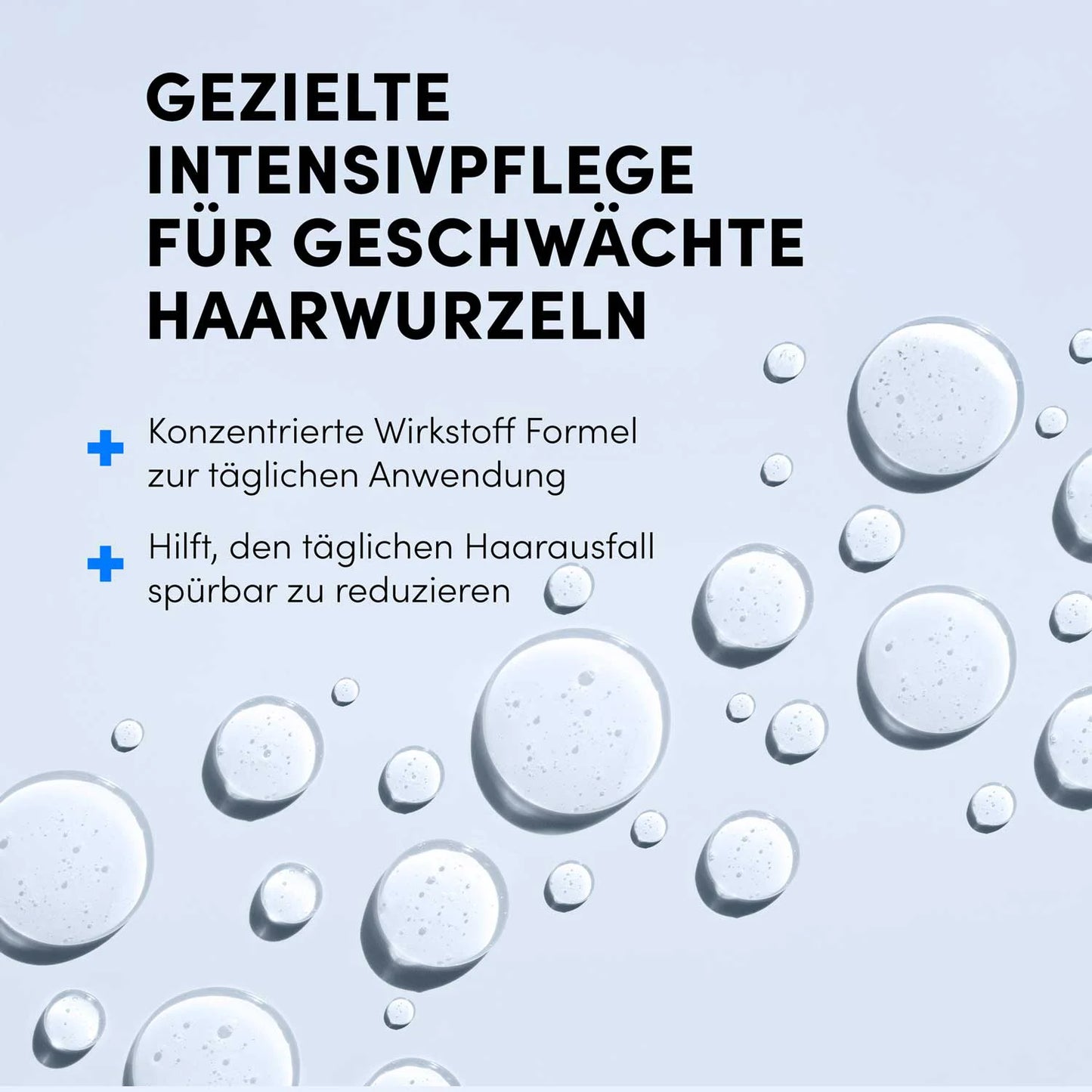 Der Text bewirbt gezielte Intensivpflege bei Haarwurzel-Schwäche und Haarausfall. Transparente Tropfen auf hellblauem Hintergrund verweisen auf das Dr. Balwi Hair Serum von Dr. Balwi Shop, das das Haarwachstum fördert.