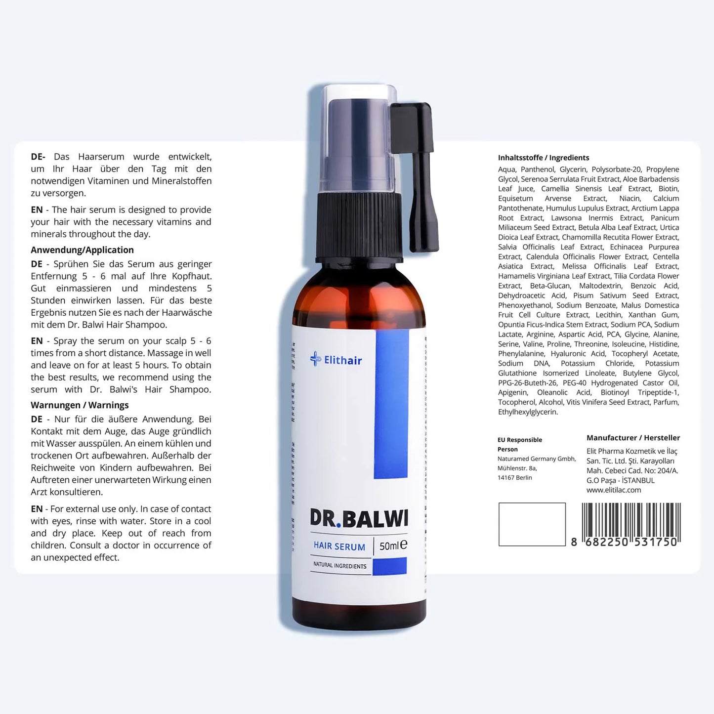 Abgebildet ist eine braune Flasche mit der Aufschrift "Dr. Balwi Shop Anti Hair Loss Routine" mit Sprühkopf und blauen Akzenten, daneben eine zweisprachige deutsche und englische Anleitung auf Weiß. Rechts unten ist ein Barcode abgebildet.