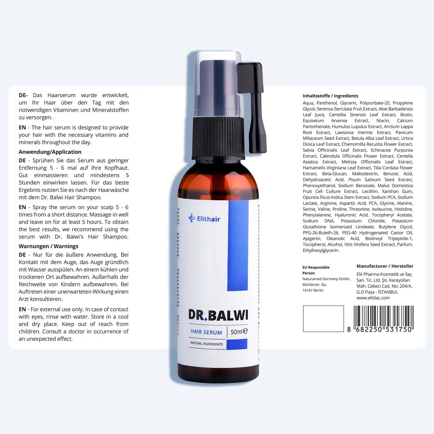 Abgebildet ist eine braune Flasche mit der Aufschrift "Dr. Balwi Shop Anti Hair Loss Routine" mit Sprühkopf und blauen Akzenten, daneben eine zweisprachige deutsche und englische Anleitung auf Weiß. Rechts unten ist ein Barcode abgebildet.