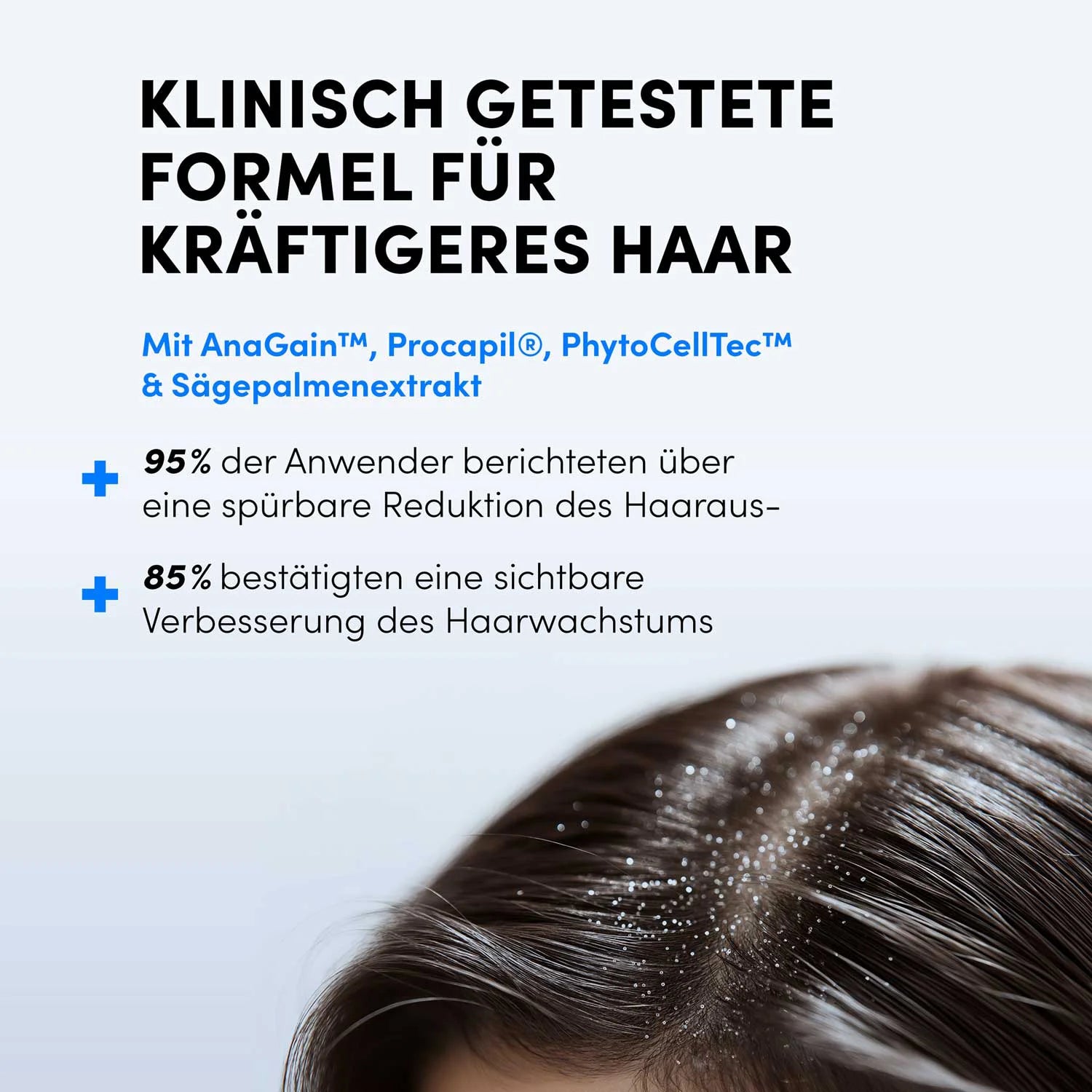 Eine Werbegrafik für das Dr. Balwi Hair Serum von Dr. Balwi Shop zeigt einen Haaransatz mit aufgetragenem Produkt und dem Text: "Klinisch getestete Formel für kräftigeres Haar", plus Statistiken zu weniger Haarausfall und mehr Haarwachstum.