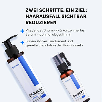 Das Dr. Balwi Shop Shampoo & Spray Set mit deutschen Etiketten bietet ein zweistufiges Pflegesystem für die Zeit nach der Haartransplantation, das die Haarwurzeln nährt, stärkt und den Haarausfall sichtbar reduziert.