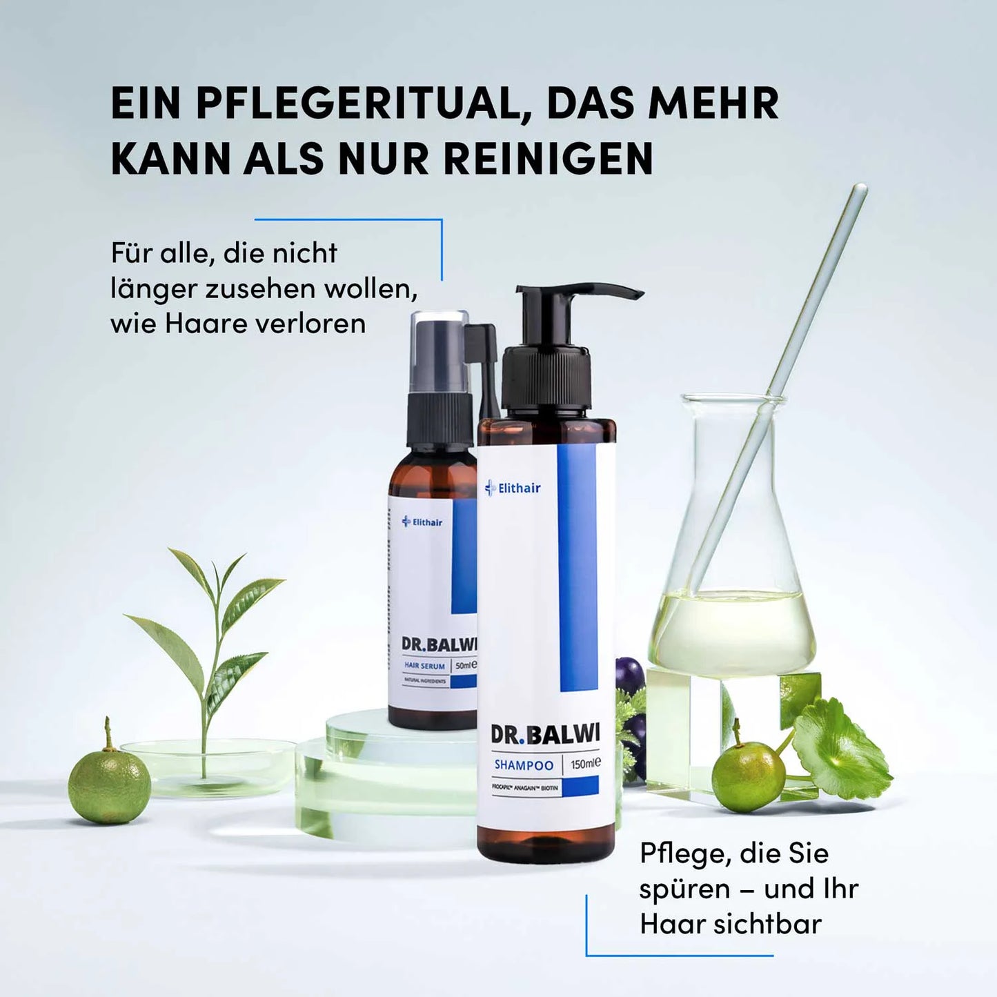 Das Dr. Balwi Shop Shampoo & Spray Set wird mit Rosmarin, Minzblättern und einem Fläschchen präsentiert. Der deutsche Text hebt die sichtbaren Haarverbesserungen und das Set als ideales Nachsorge-Ritual nach einer Haartransplantation hervor.