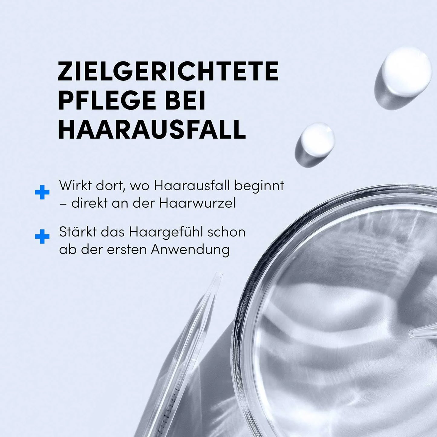 Weißer Hintergrund mit deutschem Text auf gezielter Haarausfall-Pflege. Mit Dr. Balwi Shampoo von Dr. Balwi Shop, Glastiegel, klarem Tropfer und zwei weißen Tabletten. Hebt die Wirkung auf die Haarwurzeln und das verbesserte Haarwachstum nach der ersten Anwendung hervor; fette Überschrift inklusive.