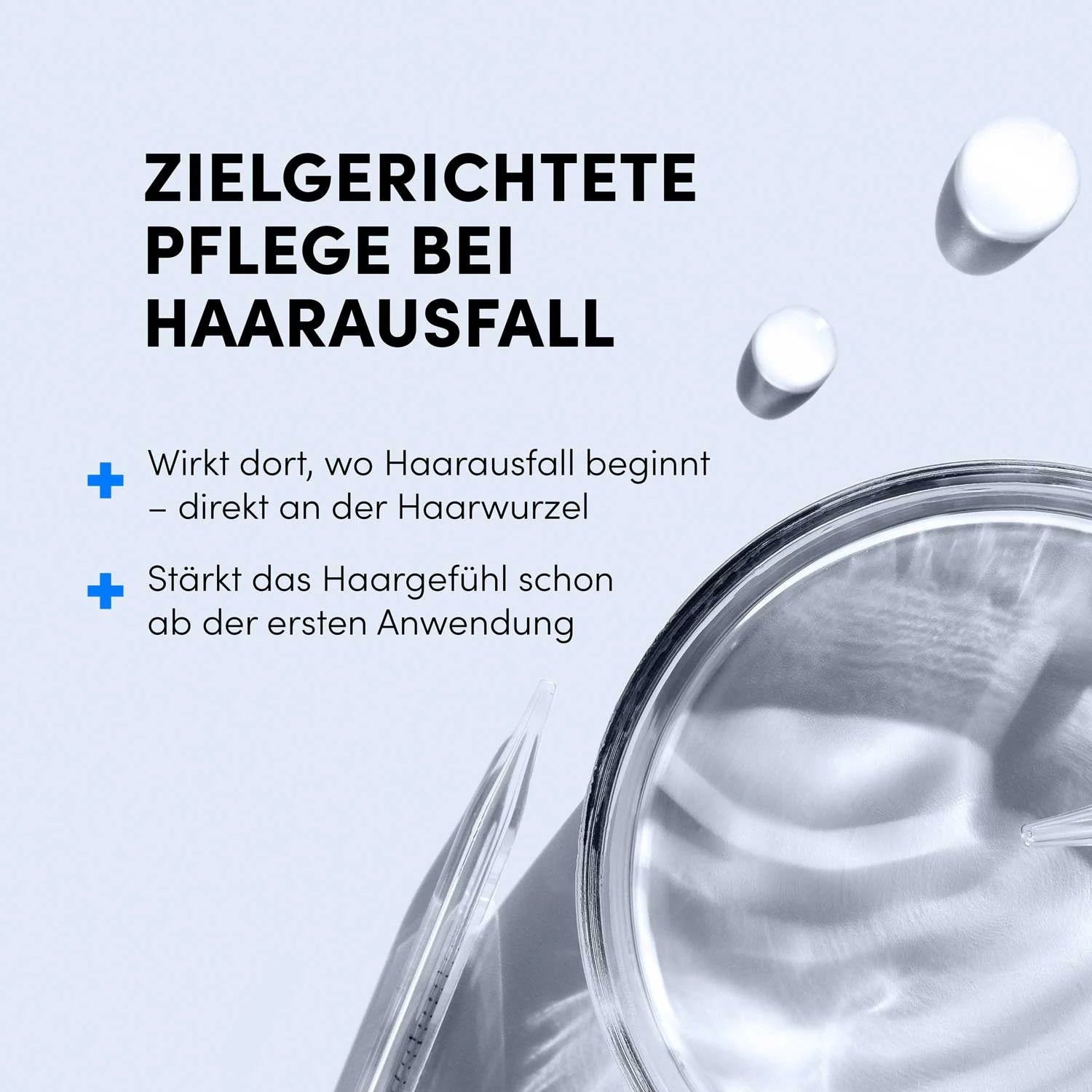 Weißer Hintergrund mit deutschem Text auf gezielter Haarausfall-Pflege. Mit Dr. Balwi Shampoo von Dr. Balwi Shop, Glastiegel, klarem Tropfer und zwei weißen Tabletten. Hebt die Wirkung auf die Haarwurzeln und das verbesserte Haarwachstum nach der ersten Anwendung hervor; fette Überschrift inklusive.